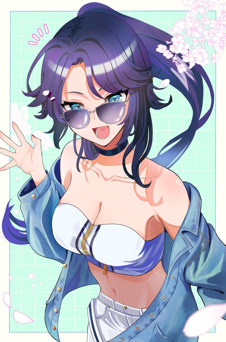 1girl black_choker black_nails blue_eyes blue_hair blue_jacket breasts cherry_blossoms choker jacket kson large_breasts long_hair looking_at_viewer nail_polish navel open_mouth ponytail purple_hair shorts smile solo strapless taki_tohko tube_top virtual_youtuber vshojo white_shorts white_tube_top zipper zipper_pull_tab