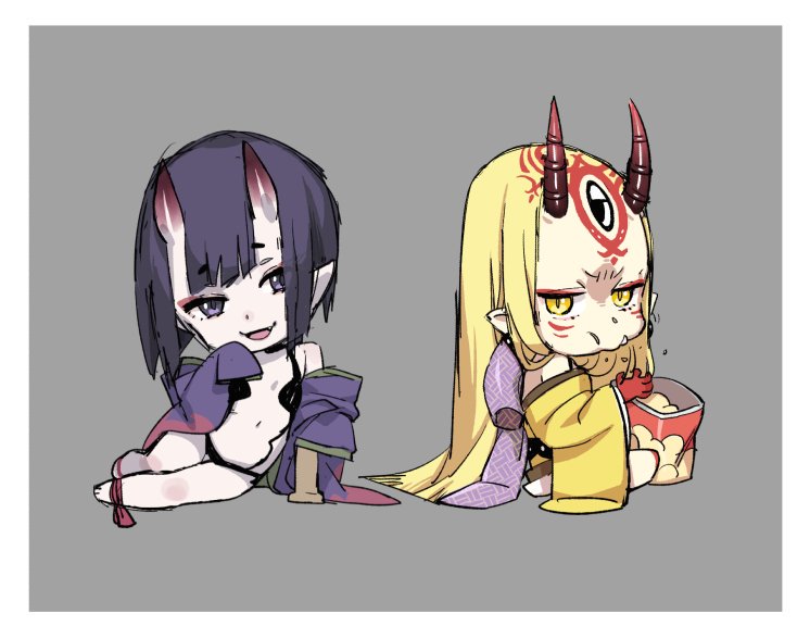 2girls blonde_hair breasts chibi chips_(food) eating fate/grand_order fate_(series) food horns ibaraki_douji_(fate) japanese_clothes kimono long_hair looking_at_viewer multiple_girls navel oni open_mouth pointy_ears potato_chips purple_eyes purple_hair purple_kimono short_hair shuten_douji_(fate) sitting skin-covered_horns small_breasts smile takuan_(takuanlunch) yellow_eyes yellow_kimono