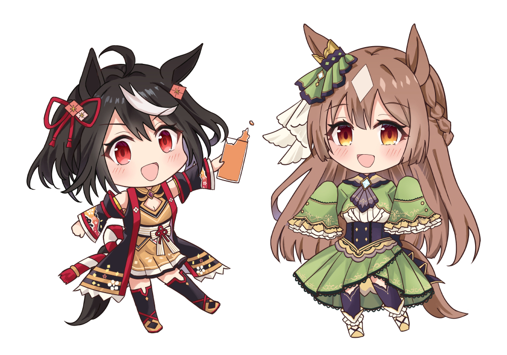 2girls :d ahoge animal_ears ascot black_hair braid brown_ascot brown_eyes brown_hair chibi cup dress drinking_glass ear_ribbon french_braid full_body green_dress hair_between_eyes holding holding_cup horse_ears horse_girl horse_tail kitasan_black_(umamusume) long_hair long_sleeves looking_at_viewer multicolored_hair multiple_girls nasupon_54115 red_eyes rope satono_diamond_(umamusume) shimenawa short_hair simple_background smile streaked_hair tail umamusume very_long_hair white_background white_hair