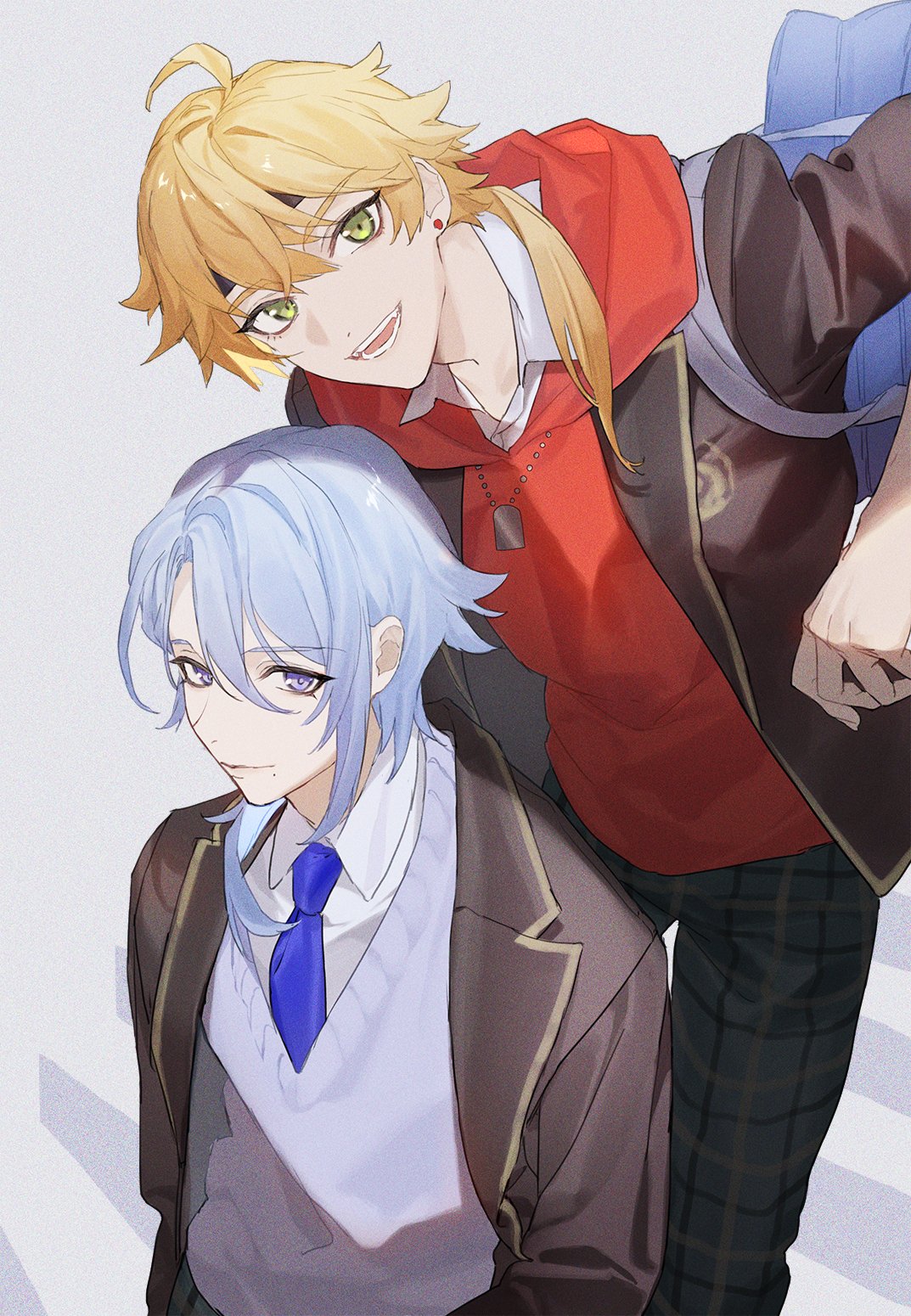 2boys :d ahoge bag black_headband black_jacket black_pants blazer blonde_hair blue_bag blue_hair blue_necktie blue_sweater_vest closed_mouth collared_shirt dog_tags earrings fang genshin_impact green_eyes grey_background hair_between_eyes hair_over_shoulder hashtag-only_commentary headband highres hood hood_down hoodie jacket jewelry kamisato_ayato lapels leaning_forward long_hair long_sleeves looking_at_viewer low_ponytail male_focus medium_hair mole mole_under_eye multiple_boys necklace necktie official_alternate_costume open_clothes open_jacket open_mouth pants parted_bangs plaid plaid_pants ponytail purple_eyes red_hoodie sachico66 school_bag school_uniform shirt shoulder_bag sidelocks simple_background smile stairs standing stud_earrings sweater_vest swept_bangs teeth thoma_(genshin_impact) thoma_(gigo)_(genshin_impact) white_shirt wing_collar