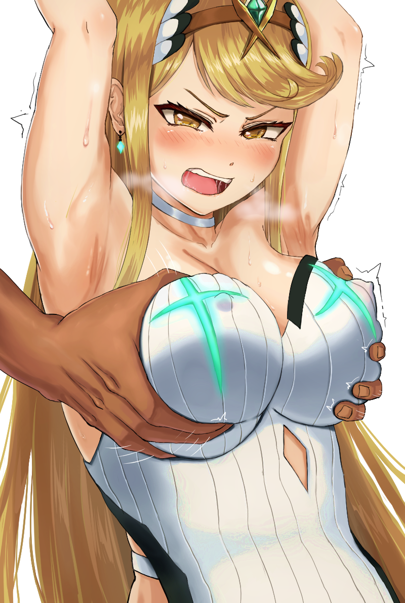 1boy 1girl armpits arms_up blonde_hair breasts circlet covered_nipples dark-skinned_male dark_skin earrings grabbing grabbing_another's_breast grabbing_from_behind heavy_breathing hetero jewelry large_breasts long_hair motion_lines mythra_(radiant_beach)_(xenoblade) mythra_(xenoblade) nebitora netorare one-piece_swimsuit open_mouth simple_background swimsuit teeth textless_version upper_body upper_teeth_only v-shaped_eyebrows very_long_hair white_background white_one-piece_swimsuit xenoblade_chronicles_(series) xenoblade_chronicles_2 yellow_eyes