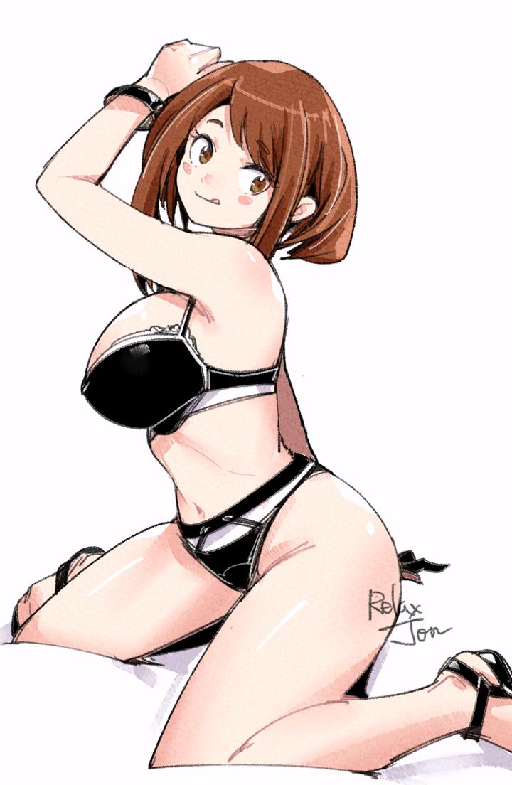 1girl bare_shoulders belly boku_no_hero_academia bra bracelet breasts brown_eyes brown_hair jewelry kneeling looking_at_viewer medium_hair p: panties relaxjon shiny_skin simple_background solo stomach thighs tongue underwear uraraka_ochako