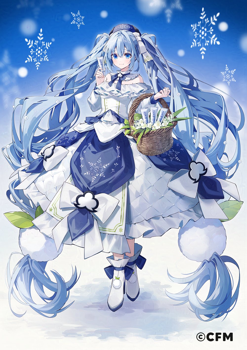 1girl bare_shoulders basket blue_bow blue_eyes blue_hair boots bow closed_mouth dress flower frilled_dress frills full_body hair_bow hair_ornament hand_up hat hatsune_miku highres holding holding_basket leaf long_hair looking_at_viewer oshio_(dayo) outdoors snow snowflake_print snowflakes snowing solo standing twintails very_long_hair vocaloid white_bow white_dress white_footwear yuki_miku