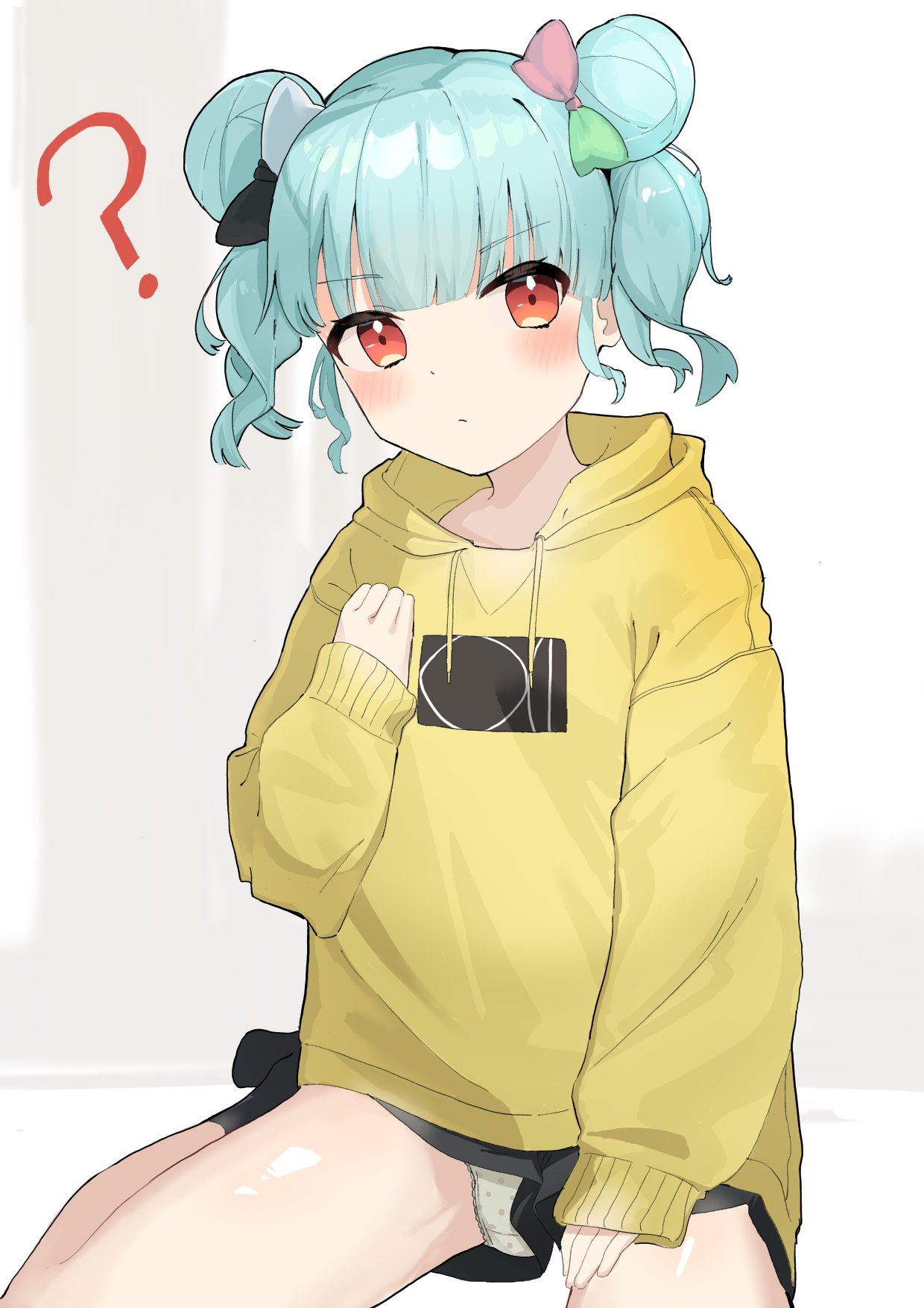 1girl :/ ? black_bow black_shorts blue_hair blunt_bangs blush bow double_bun green_bow grey_background hair_bow hair_bun hand_on_lap hand_up highres hood hoodie hyodou_shizuku idoly_pride light_blue_hair looking_at_viewer orange_eyes panties pantyshot pink_bow polka_dot polka_dot_panties short_hair short_shorts shorts sidelocks sitting solo tesa_otaku twintails two-tone_bow underwear white_bow white_panties yellow_hoodie yokozuwari