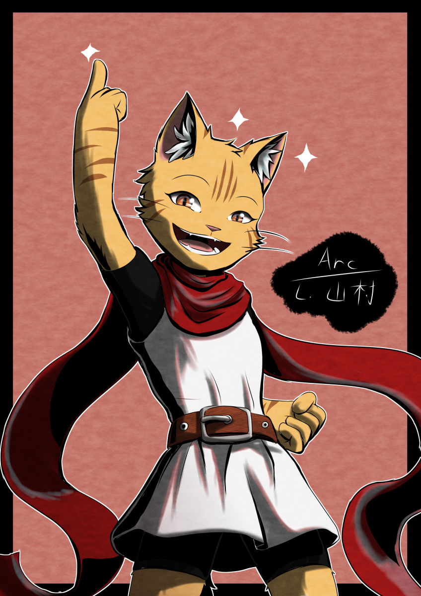 agata_(arc_rose) anthro arc_rose belt clothed clothing domestic_cat felid feline felis female hi_res long_shirt looking_at_viewer mammal open_mouth pose scarf simple_background smile solo whiskers