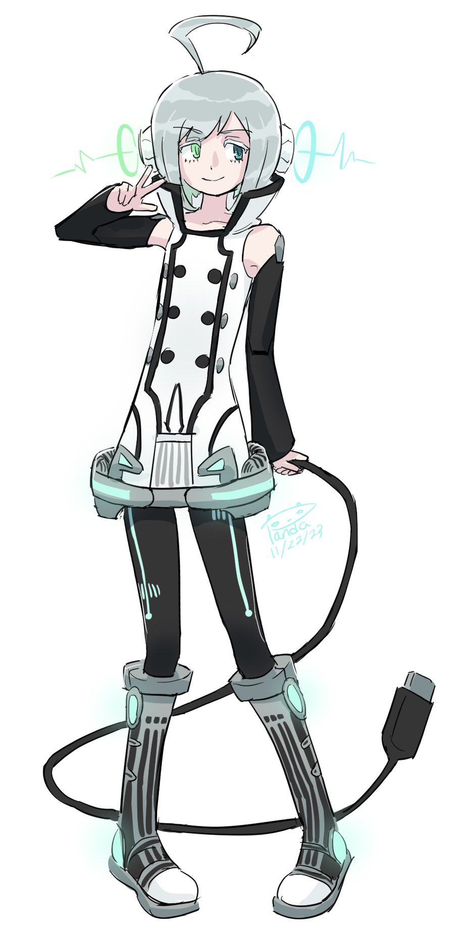 1boy 2023 ahoge androgynous black_sleeves black_thighhighs blue_eyes closed_mouth collarbone dated detached_sleeves english_commentary full_body green_eyes grey_footwear headphones heterochromia highres holding_own_tail huge_ahoge looking_to_the_side male_focus panda_doodles shirt short_hair signature simple_background sleeveless sleeveless_shirt smile solo tail thighhighs usb utatane_piko v vocaloid watermark white_background white_shirt