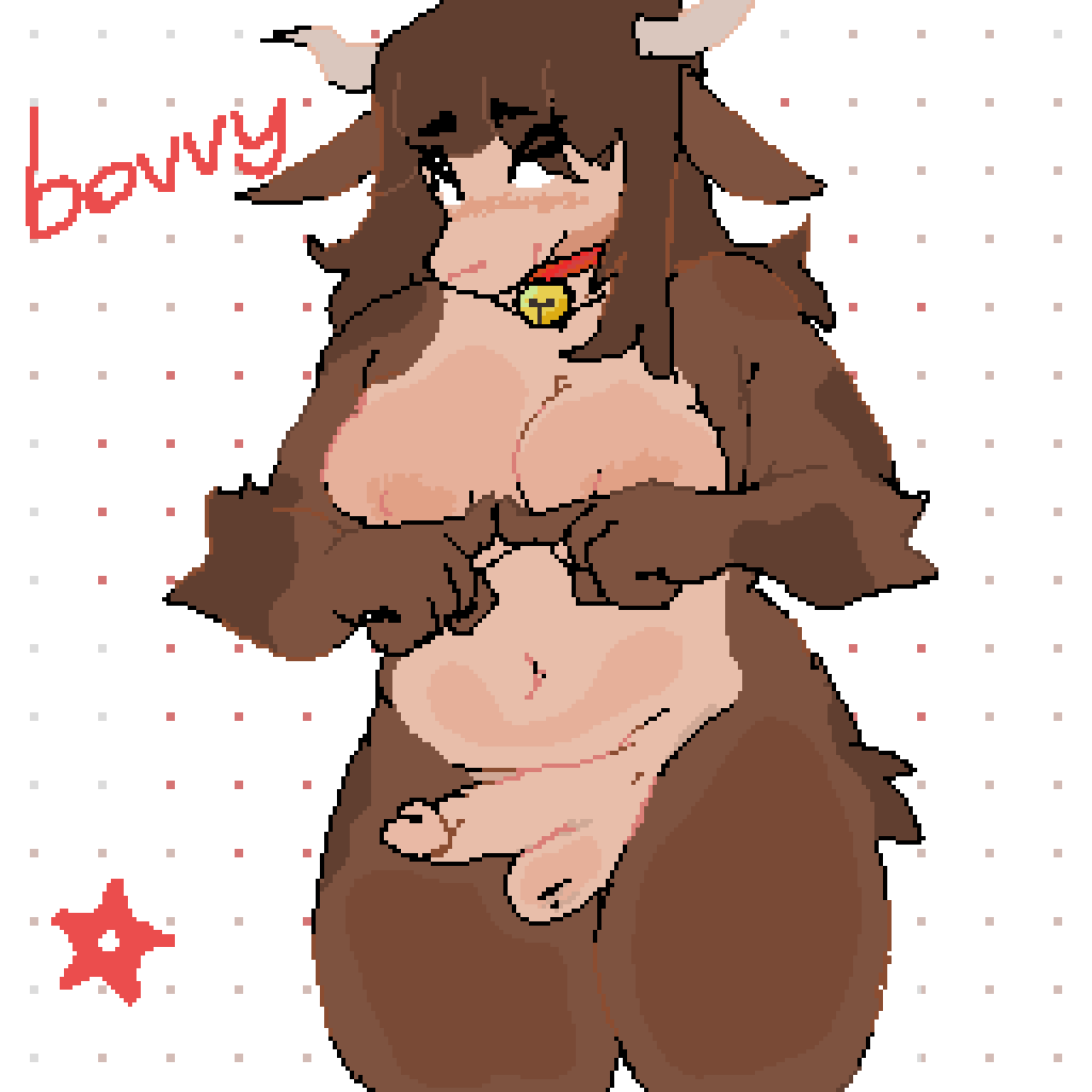 anthro balls bell bell_collar belly big_breasts bovid bovine bovvy breasts brown_body collar genitals hair heresysheep horn intersex long_hair male mammal nipples nude penis slightly_chubby solo standing text thick_thighs