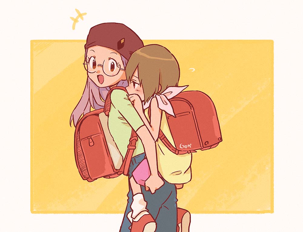 backpack bag blue_pants brown_eyes brown_hair brown_hat carrying cowboy_shot digimon digimon_adventure digimon_adventure_02 gdn0522 half-closed_eyes inoue_miyako long_hair looking_back open_mouth pants piggyback pink_shorts purple_hair red_bag shirt short_hair shorts smile time_paradox yagami_hikari yellow_shirt