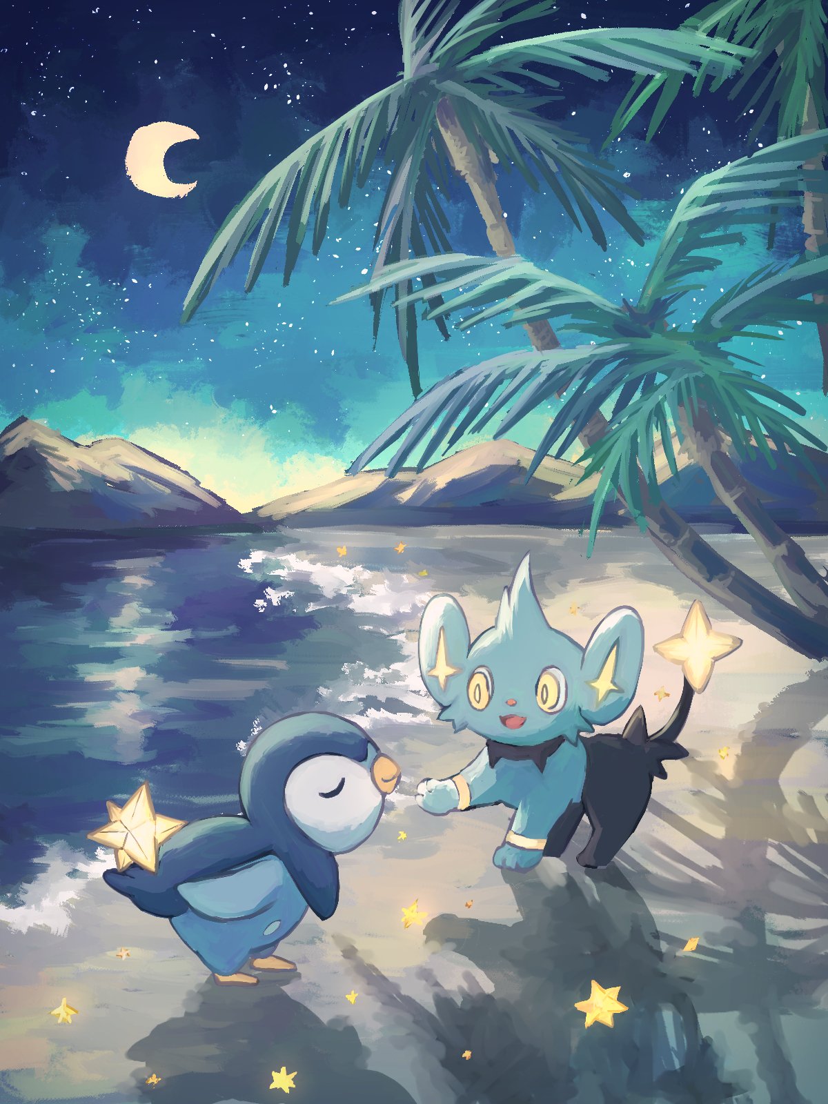 7_phi_3 animal_focus beach bird black_fur blue_fur closed_eyes commentary crescent_moon highres leaning_forward moon mountain night night_sky no_humans outdoors palm_tree penguin piplup pokemon pokemon_(creature) shinx sky star_(sky) symbol-only_commentary tail tree two-tone_fur water yellow_eyes