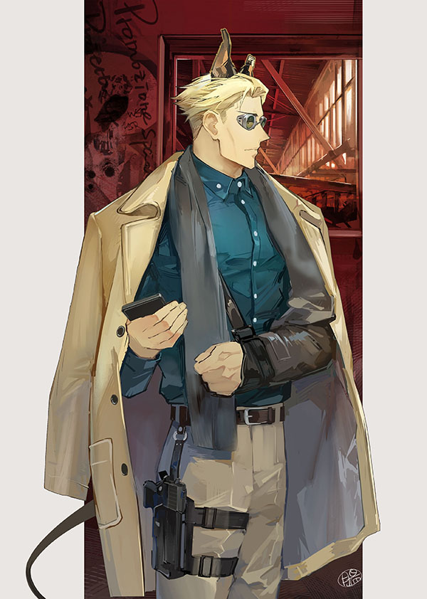 1boy animal_ears arm_sling belt blonde_hair blue_shirt brown_belt brown_coat brown_eyes cellphone coat cowboy_shot goggles grey_pants gun guttia holding holding_phone jujutsu_kaisen long_sleeves looking_at_viewer nanami_kento pants phone shirt smartphone standing undercut weapon