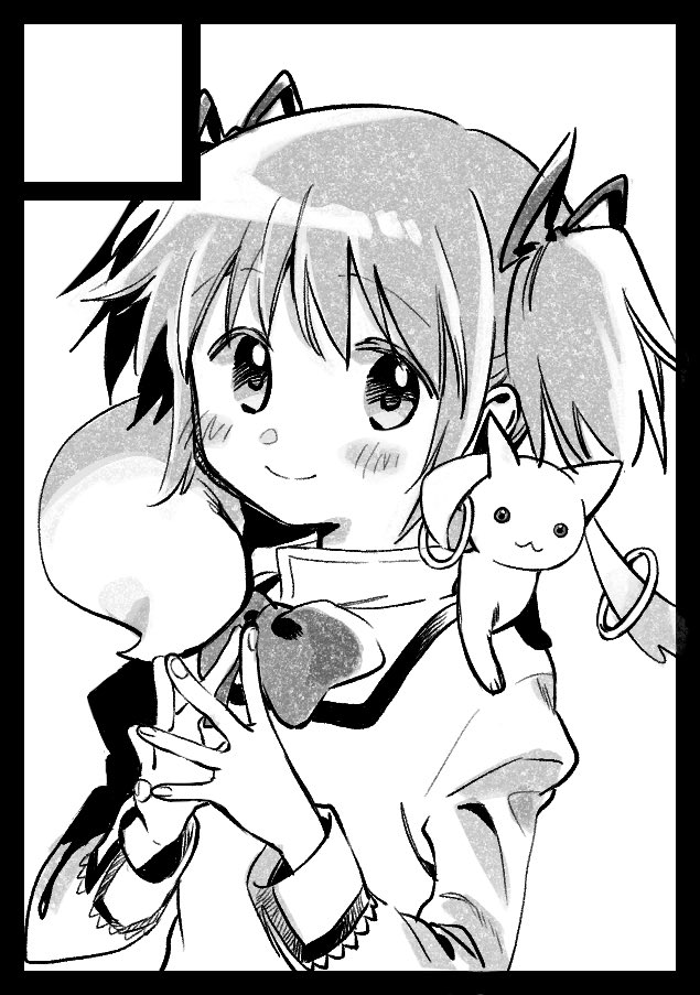 1girl :3 alien black_border blush_stickers border bow bowtie circle_cut closed_mouth collared_shirt commentary creature creature_on_shoulder fingernails greyscale hair_ribbon high_collar juliet_sleeves kaname_madoka kyubey lace-trimmed_sleeves lace_trim long_sleeves looking_at_viewer mahou_shoujo_madoka_magica mahou_shoujo_madoka_magica_(anime) mitakihara_school_uniform monochrome no+bi= on_shoulder own_hands_together puffy_sleeves ribbon school_uniform shirt short_hair short_twintails simple_background smile symbol-only_commentary twintails upper_body white_background