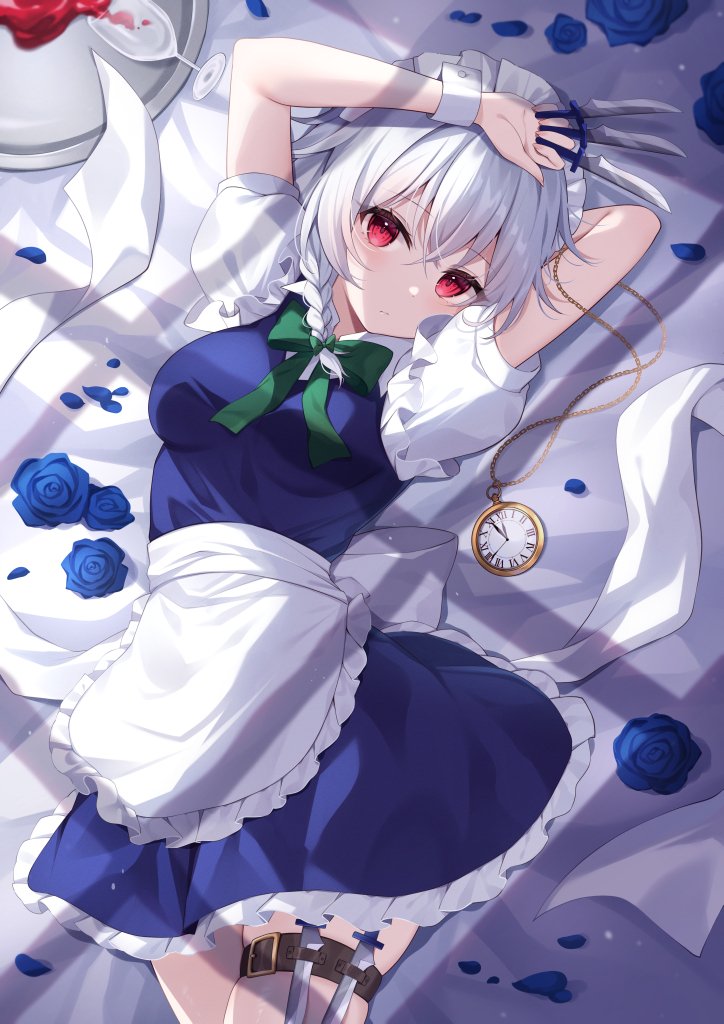 1girl apron between_fingers blue_flower blue_petals blue_rose bow bowtie braid closed_mouth commentary cup dress drinking_glass flower green_bow green_bowtie hair_bow holding holding_knife izayoi_sakuya knife knives_between_fingers leg_belt light_blush long_hair looking_at_viewer lying maid maid_apron maid_headdress miy@ on_back pocket_watch red_eyes red_wine rose short_sleeves solo spill touhou tray twin_braids waist_apron watch white_apron white_hair wine_glass