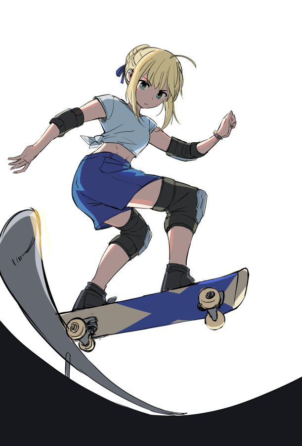 1girl ahoge artoria_pendragon_(fate) black_footwear blonde_hair blue_ribbon blue_shorts closed_mouth elbow_pads fate/stay_night fate_(series) full_body green_eyes hair_bun hair_ribbon knee_pads ribbon saber_(fate) shirt short_hair short_sleeves shorts simple_background skateboard skateboarding solo tied_shirt ware_to_nanji_ga_chikara_mote white_background white_shirt