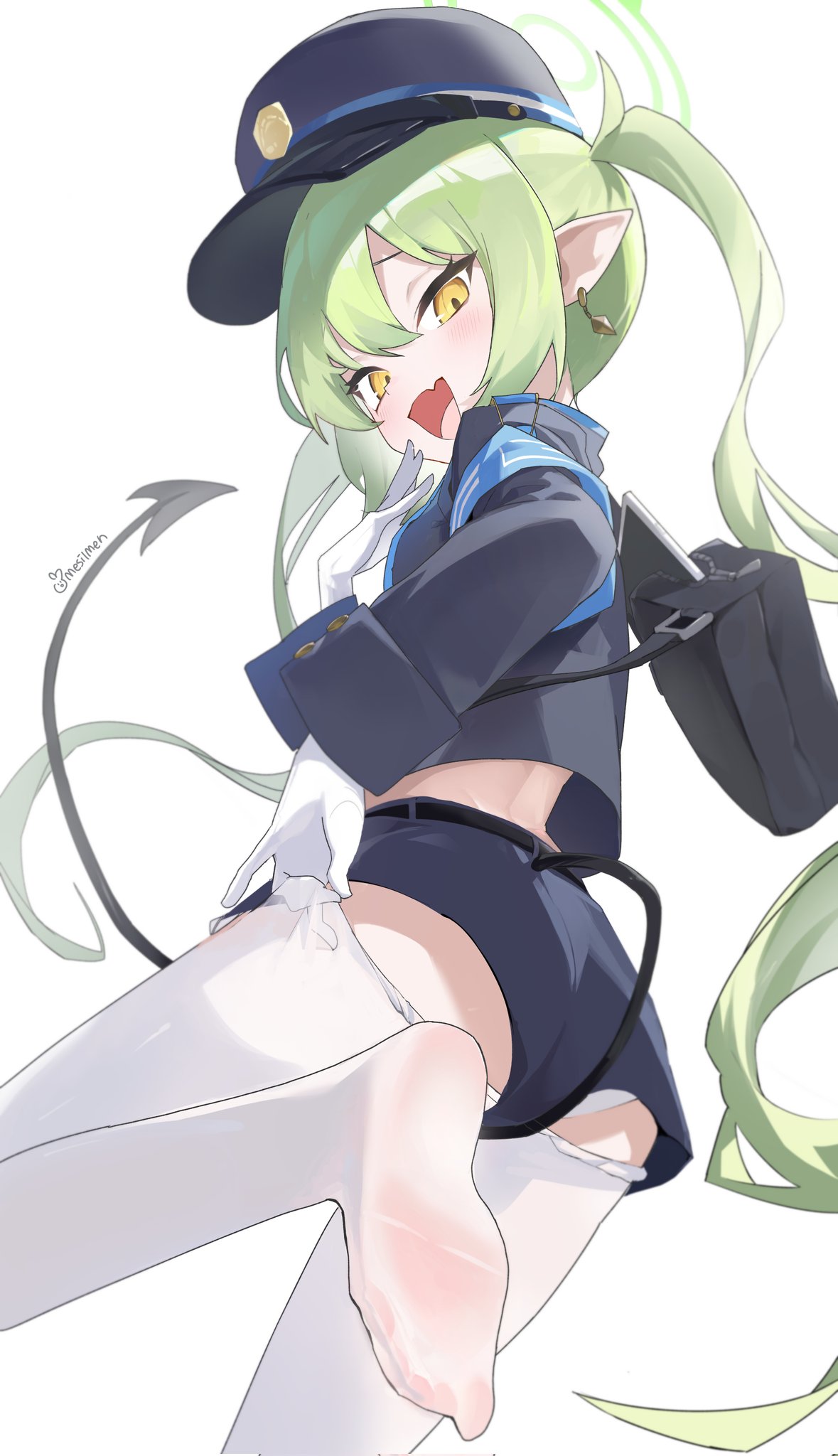 1girl armband black_hat black_tail blue_archive blue_armband demon_tail fang from_behind gloves green_hair green_halo halak0000 halo hat highres long_hair long_sleeves looking_at_viewer looking_back mesugaki nozomi_(blue_archive) open_mouth panties panties_under_shorts panty_peek peaked_cap pointy_ears short_shorts shorts skin_fang solo tail thighhighs thighhighs_pull train_conductor twintails underwear upshorts white_gloves white_thighhighs yellow_eyes