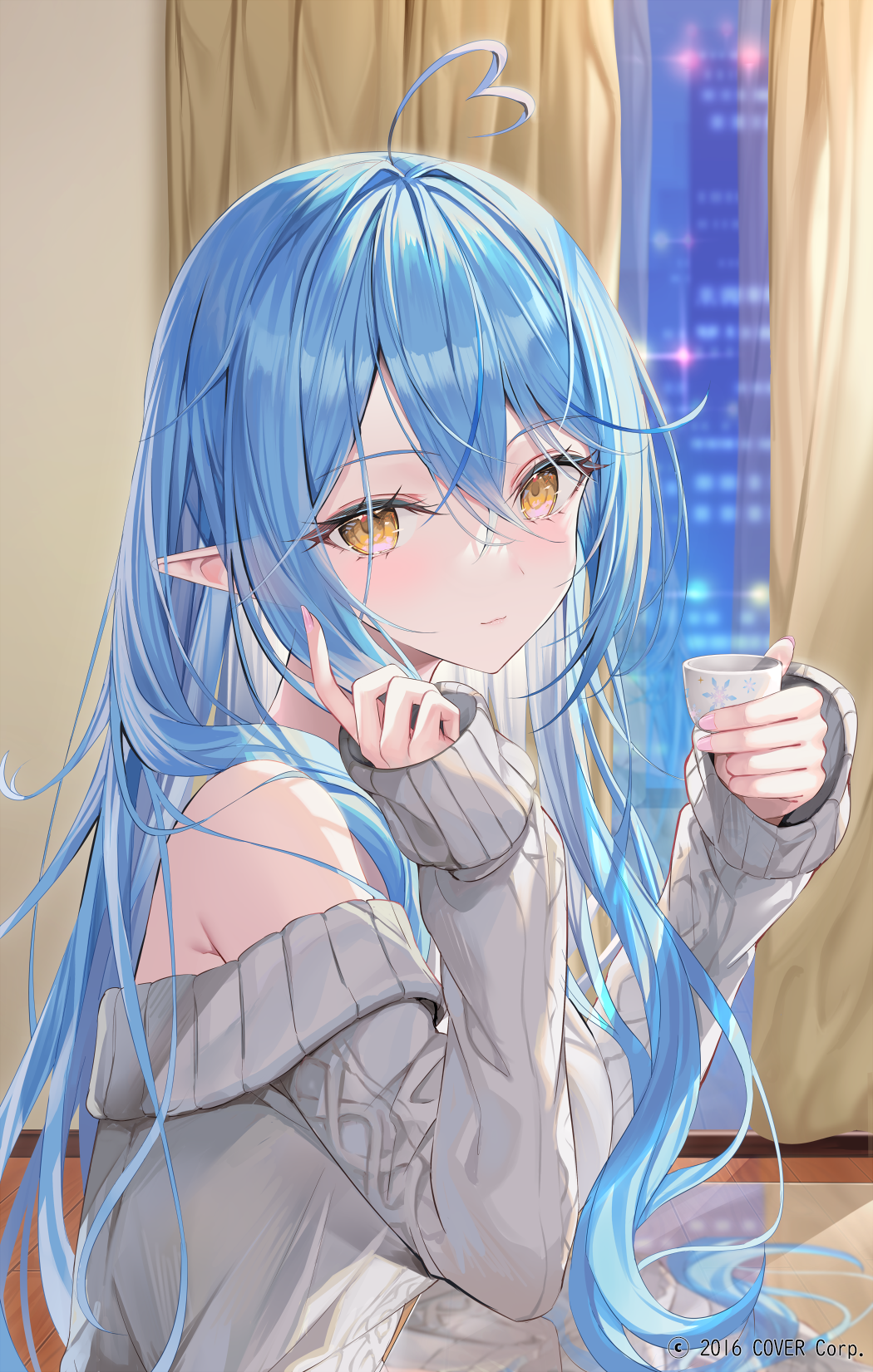 1girl ahoge alternate_costume bare_shoulders blue_hair choko_(cup) cityscape copyright_notice cup curtains double-parted_bangs elbow_on_table elf from_side glass_table grey_sweater hair_between_eyes hair_over_shoulder hand_in_own_hair hands_up heart heart_ahoge highres holding holding_cup hololive indoors long_hair long_sleeves looking_at_viewer night off-shoulder_sweater off_shoulder official_art pink_nails pointy_ears reflection rin_yuu sitting sleeves_past_wrists solo sweater table virtual_youtuber window wooden_floor yellow_eyes yukihana_lamy