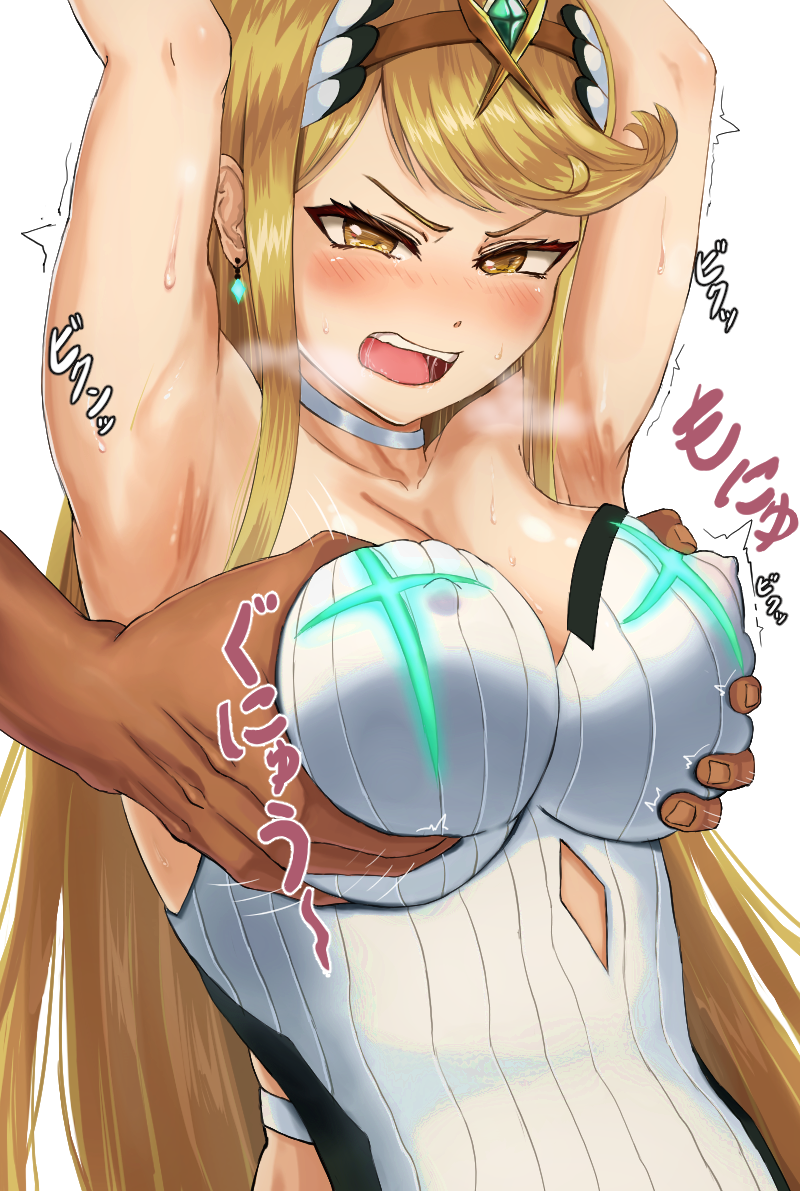 1boy 1girl armpits arms_up blonde_hair breasts circlet covered_nipples dark-skinned_male dark_skin earrings grabbing grabbing_another's_breast grabbing_from_behind heavy_breathing hetero jewelry large_breasts long_hair motion_lines mythra_(radiant_beach)_(xenoblade) mythra_(xenoblade) nebitora netorare one-piece_swimsuit open_mouth simple_background swimsuit teeth upper_body upper_teeth_only v-shaped_eyebrows very_long_hair white_background white_one-piece_swimsuit xenoblade_chronicles_(series) xenoblade_chronicles_2 yellow_eyes