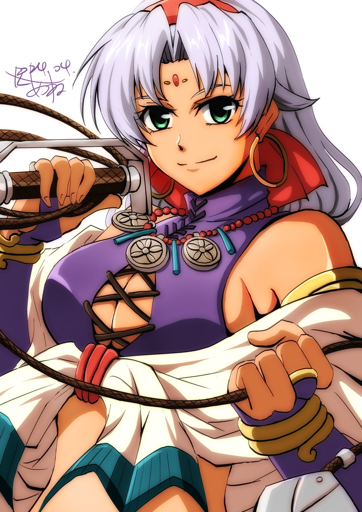 1girl akane_kazami bare_shoulders breasts bridal_gauntlets cleavage_cutout clothing_cutout curtained_hair earrings eiyuu_densetsu green_eyes highres holding holding_weapon holding_whip jewelry large_breasts long_hair looking_at_viewer ring scherazard_harvey signature simple_background smile solo sora_no_kiseki weapon whip white_background white_hair