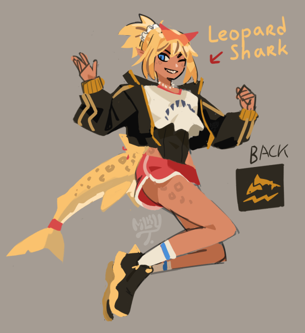 ;) blonde_hair blue_eyes dark-skinned_female dark_skin eyewear_on_head fins fish_tail milkytiddyboy one_eye_closed original ponytail red_shorts shark_girl shark_tail sharp_teeth shoes shorts smile sneakers socks tagme tail teeth white_socks