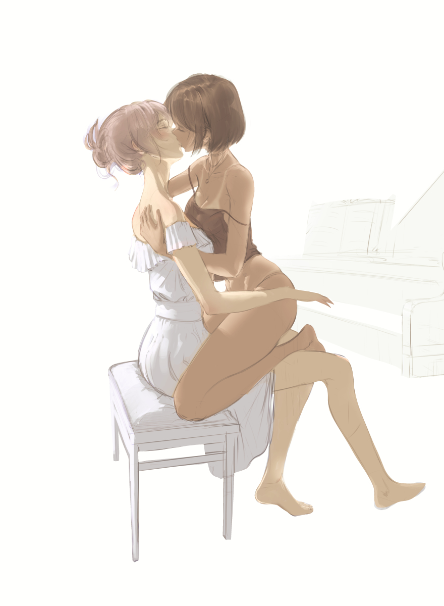 2girls bare_legs bare_shoulders barefoot black_camisole brown_hair camisole closed_eyes commentary dark-skinned_female dark_skin dress english_commentary grand_piano hair_bun hand_on_another's_back highres instrument ker0nit0 kiss multiple_girls off-shoulder_dress off_shoulder original piano piano_bench short_hair simple_background sitting sitting_on_lap sitting_on_person strap_slip white_background white_dress yuri