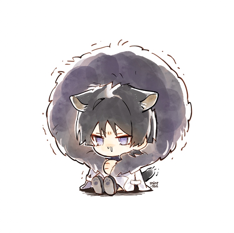 1boy animal_ears black_footwear black_hair cat_boy cat_ears cat_tail chibi coat fur-trimmed_coat fur_trim genshin_impact hair_between_eyes hood hood_up hooded_coat male_focus mint-tan purple_eyes runny_nose scaramouche_(genshin_impact) simple_background snot solo tail trembling white_background white_coat