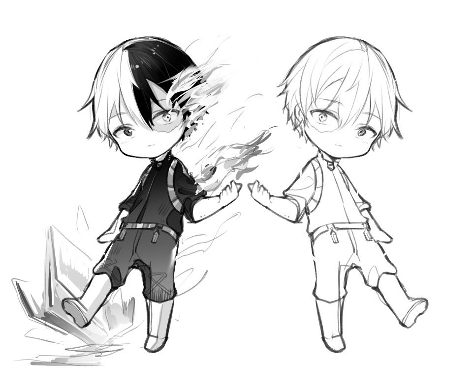 2boys bai_qi-qsr boku_no_hero_academia boots burning clone cryokinesis deformed denim fire greyscale hair_between_eyes heterochromia jacket jeans knee_boots lineart long_sleeves looking_at_viewer male_focus monochrome multicolored_hair multiple_boys outstretched_hand pants pyrokinesis short_hair simple_background sleeves_past_elbows sleeves_rolled_up todoroki_shouto two-tone_hair white_background zipper_pull_tab