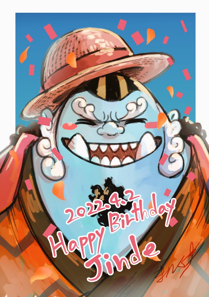 1boy ^_^ blue_background blue_skin blush_stickers border close-up closed_eyes colored_skin commentary_request confetti dated facial_hair falling_petals fish_boy goatee happy_birthday hat japanese_clothes jinbe_(one_piece) kimono magu_pink male_focus one_piece orange_kimono petals ponytail signature smile solo straw_hat thick_eyebrows tusks upper_body white_border