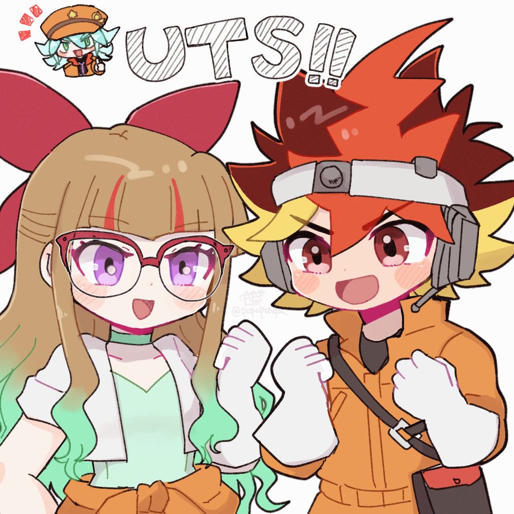 1girl 2boys blush brown_hair choker glasses gloves green_eyes hat jacket long_hair multicolored_hair multiple_boys ohdo_yuamu ohdo_yuhi open_clothes open_jacket open_mouth orange_hat pandakokkopanda purple_eyes red_eyes smile spiked_hair white_gloves white_jacket yu-gi-oh! yu-gi-oh!_go_rush!! yudias_velgear