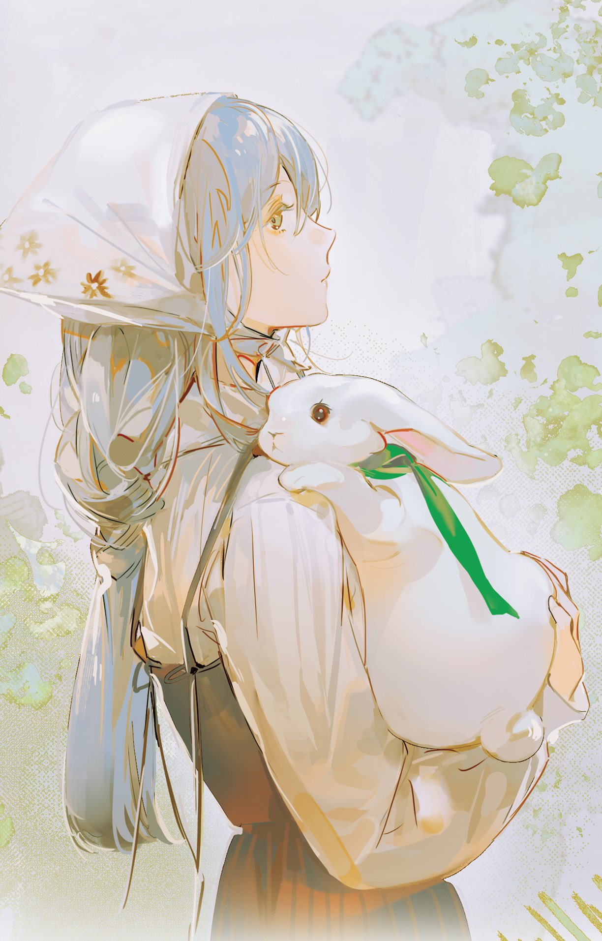 1girl animal apron black_apron closed_mouth cowboy_shot dress expressionless floral_print green_background green_eyes green_ribbon grey_hair head_scarf highres holding holding_animal long_hair long_sleeves looking_at_viewer noir_(ibaraki) original ponytail profile rabbit ribbon sideways_glance solo two-tone_background white_background white_dress