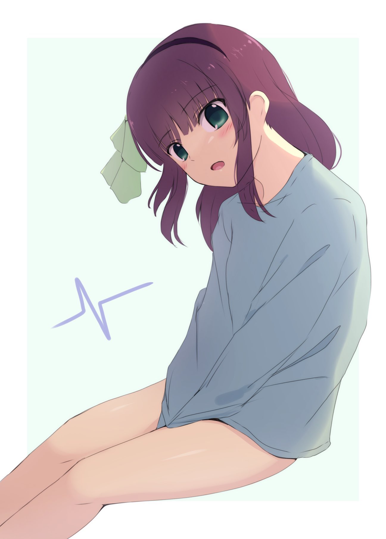 1girl angel_beats! aqua_background backlighting bare_legs between_legs blunt_bangs blush border commentary_request eyes_visible_through_hair feet_out_of_frame from_side green_eyes green_ribbon hair_ribbon hand_between_legs head_tilt highres lelie_(lelie_link) long_sleeves looking_at_viewer medium_hair nakamura_yuri open_mouth purple_hair ribbon sidelocks simple_background sitting smile solo straight_hair thighs v_arms white_border