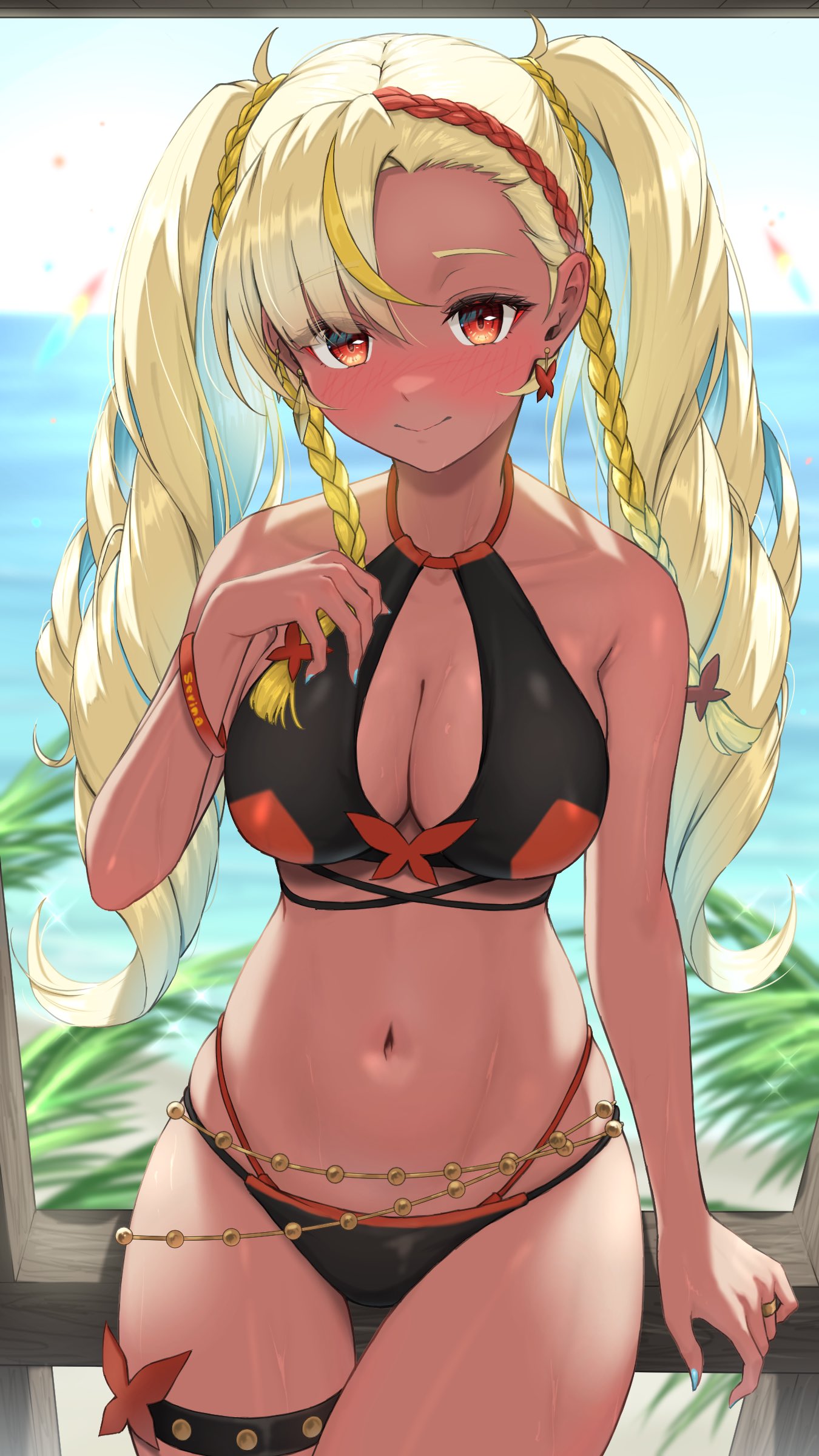 1girl absurdres aqua_hair bikini black_bikini blonde_hair blue_nails blush bowsan braid breasts brown_eyes butterfly_earrings butterfly_hair_ornament cleavage closed_mouth commission dark-skinned_female dark_skin earrings hair_ornament highres jewelry long_hair mismatched_earrings multicolored_hair multiple_braids navel ocean red_hair ring second-party_source serina_maiko skeb_commission smile solo sparkle swimsuit twintails two-tone_bikini v4mirai virtual_youtuber wet