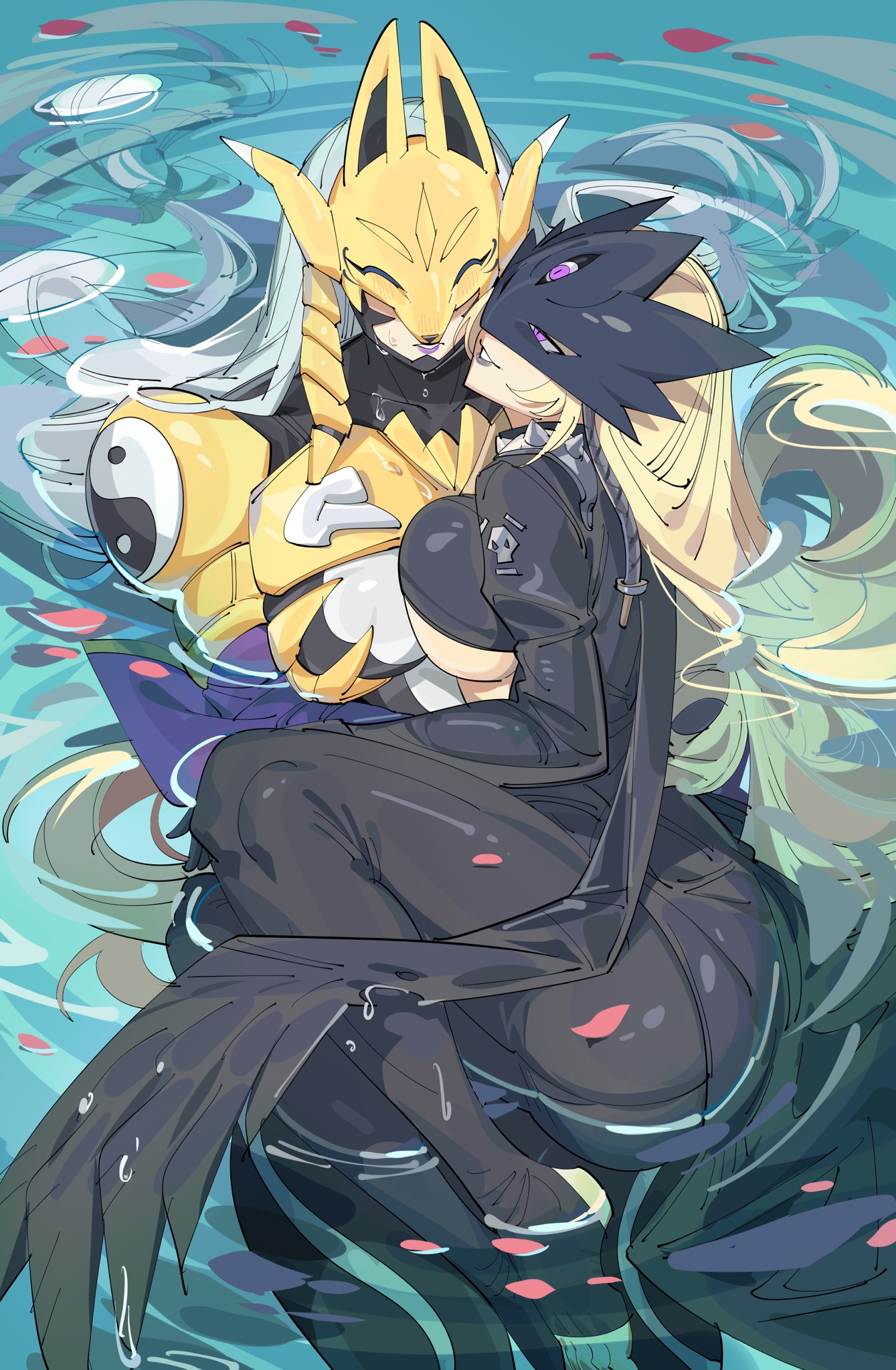 2girls armor ass beelstarmon black_bodysuit black_coat black_pants black_scarf blonde_hair blush bodysuit breasts coat covered_eyes digimon digimon_(creature) eye_mask fox_mask highres large_breasts lipstick long_hair makeup mask multiple_girls nervous_sweating pants partially_submerged petals purple_eyes purple_lips sakuyamon scarf skin_tight smile sweat third_eye toeless_legwear underboob water white_hair yellow_armor yin_yang yuri zocehuy