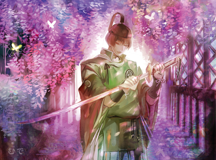 1boy backlighting blood blood_on_weapon bug butterfly cleaning cleaning_weapon facing_down flower ishikirimaru japanese_clothes katana looking_at_viewer short_hair solo sword tagme touken_ranbu weapon wiping wisteria zbxx