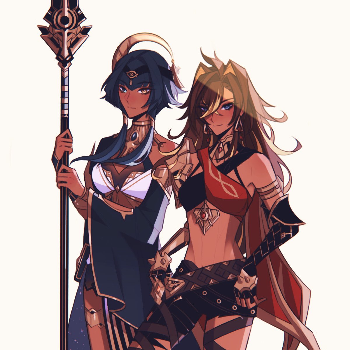 2girls ankh arm_armor armlet asymmetrical_clothes blue_hair candace_(genshin_impact) choker criss-cross_halter crossed_bangs crossed_belts dangle_earrings dark-skinned_female dark_skin dehya_(genshin_impact) earrings egyptian_clothes eye_of_horus genshin_impact gold_choker gold_trim hair_ears halterneck hand_on_own_hip heterochromia highres holding holding_polearm holding_weapon jewelry kunniho looking_at_viewer multicolored_hair multiple_girls multiple_thigh_straps neck_ring pants pointy_hair polearm short_hair_with_long_locks simple_background single_pantsleg smile staff_of_the_scarlet_sands_(genshin_impact) streaked_hair thighlet torn_clothes torn_pants upper_body vision_(genshin_impact) weapon white_background yellow_eyes