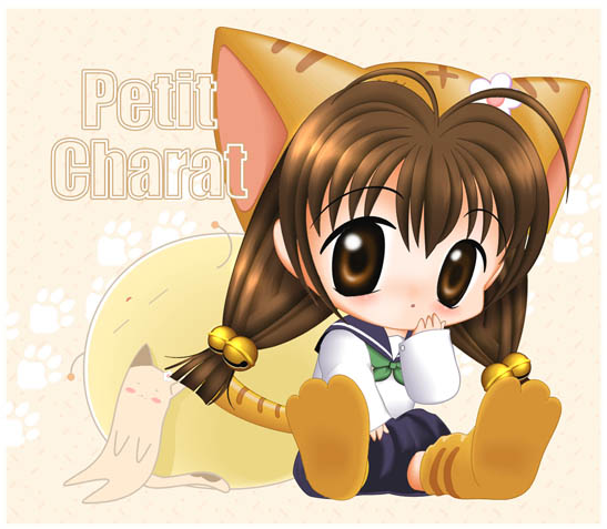 1girl 2000s_(style) animal_ears bell blush brown_eyes brown_hair cat_ears chibi di_gi_charat dot_mouth full_body gema hair_bell hair_ornament jingle_bell jun_sasaura looking_at_viewer medium_bangs medium_hair open_mouth paw_print paw_print_background paw_shoes puchiko short_twintails sitting solo twintails