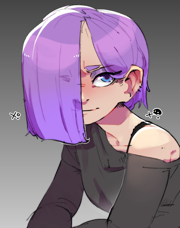 1girl black_shirt blue_eyes duolingo gradient_background grey_background hair_behind_ear hair_over_one_eye knuxy lily_(duolingo) purple_hair shirt solo upper_body