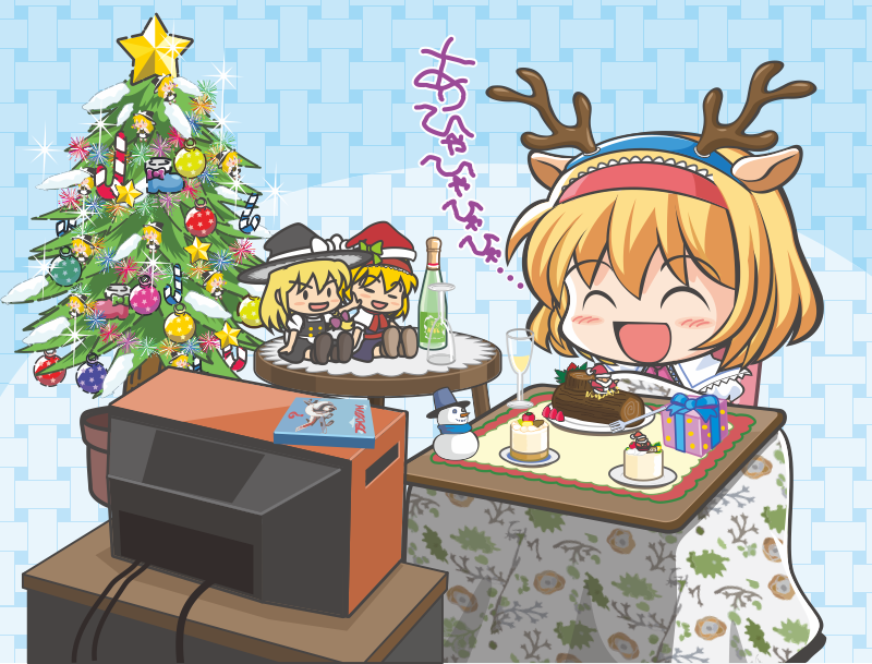 1girl :d alice_margatroid animal_ears blonde_hair blue_background blush cake character_doll chibi christmas_ornaments christmas_tree closed_eyes commentary_request crt fake_animal_ears fake_antlers food hat jun_sasaura kirisame_marisa kotatsu lonely medium_bangs open_mouth santa_hat short_hair smile snowman solo sparkle star_(symbol) table touhou upper_body yule_log_(cake)