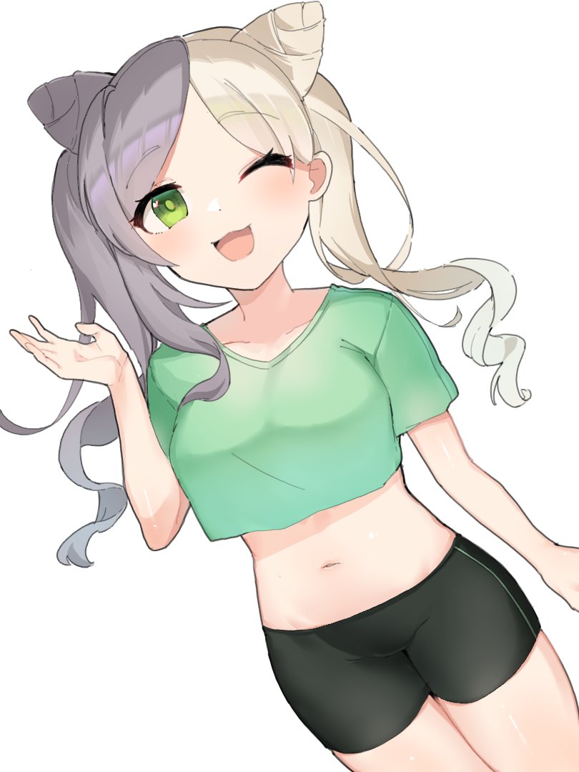 1girl ;3 ;d arm_at_side bike_shorts black_shorts blonde_hair blush breasts collarbone commentary cowboy_shot crop_top crop_top_overhang cropped_shirt dutch_angle green_eyes green_shirt grey_hair hair_ears hand_up large_breasts long_hair midriff multicolored_hair navel one_eye_closed open_mouth parted_bangs pole_princess!! shirt shorts simple_background smile solo tesa_otaku tousaka_mio twintails two-tone_hair white_background