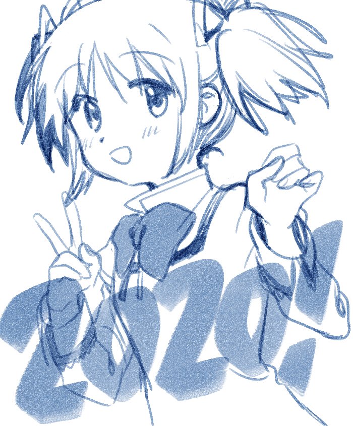 2020 blue_theme blush_stickers bow bowtie collared_shirt colored_lineart commentary_request fingernails hair_ribbon high_collar juliet_sleeves kaname_madoka lace-trimmed_sleeves lace_trim long_sleeves looking_at_viewer mahou_shoujo_madoka_magica mahou_shoujo_madoka_magica_(anime) mitakihara_school_uniform no+bi= open_mouth puffy_sleeves ribbon school_uniform shirt short_hair short_twintails simple_background smile twintails upper_body v white_background