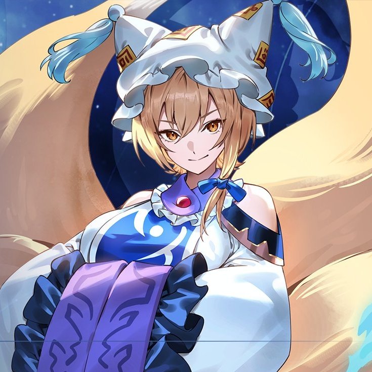 1girl bare_shoulders blonde_hair blue_background closed_mouth commentary_request fox_tail hands_in_opposite_sleeves korean_commentary kuya_(hey36253625) looking_at_viewer multiple_tails short_hair smile solo tail touhou upper_body white_hat yakumo_ran yellow_eyes