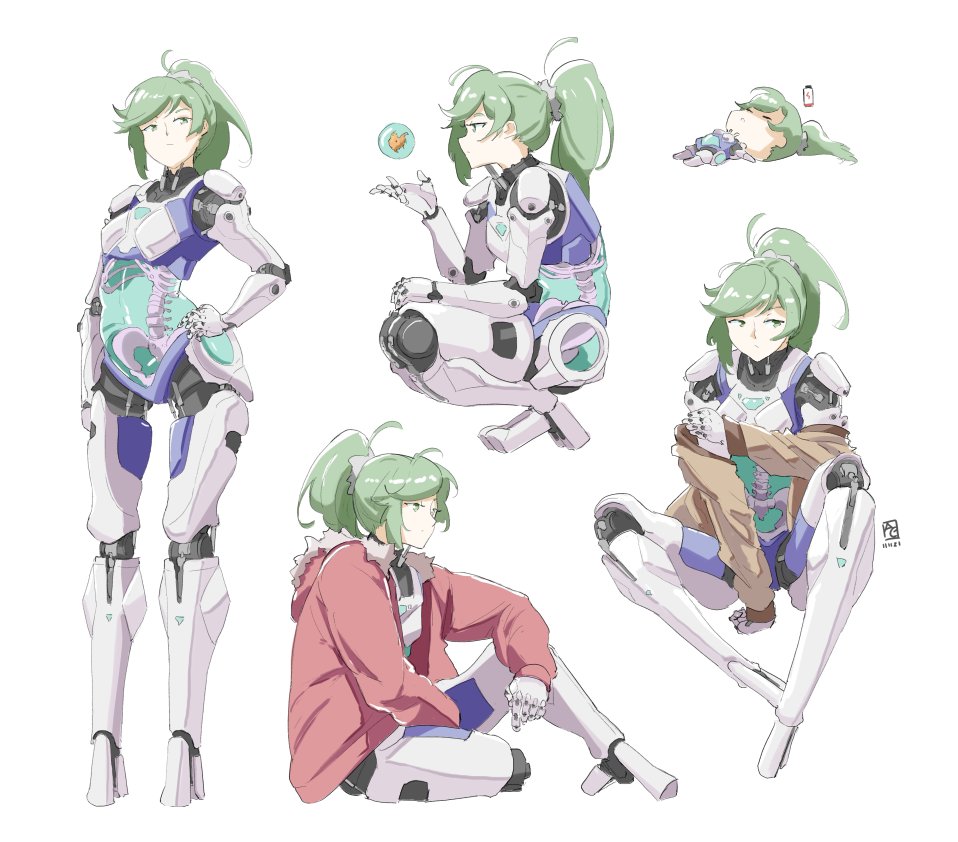 automatic_giraffe battery_indicator brown_jacket chibi chibi_inset contrapposto elbow_on_knee english_commentary exposed_bone green_eyes green_hair hair_tie hand_on_own_arm humanoid_robot jacket looking_at_object looking_at_viewer looking_to_the_side lying on_back original ponytail recharging red_jacket robot signature simple_background sitting sleeping spread_legs squatting standing white_background