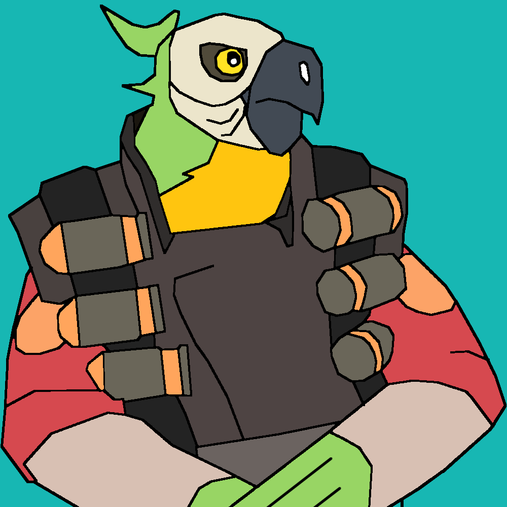 animal_humanoid anthro avian avian_humanoid beak bird bird_humanoid clothed clothing crossed_arms demoman_(team_fortress_2) demopen feathers humanoid male parrot parrot_humanoid red_clothing team_fortress_2 valve wings yellow_eyes