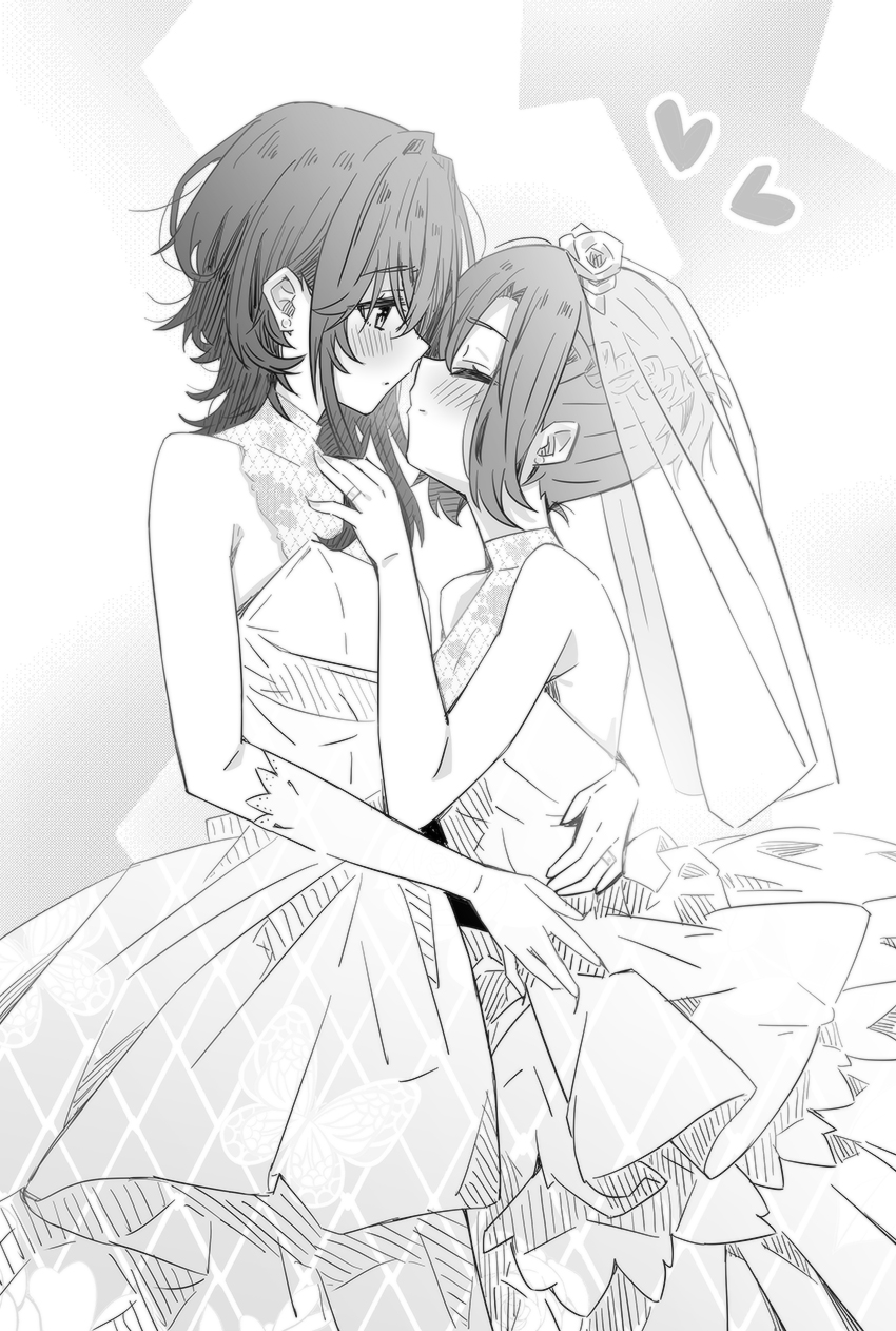 2girls asanagi_yori blush bridal_veil closed_eyes closed_mouth commentary dress elbow_gloves gloves greyscale half_updo highres hug kino_himari looking_at_another lwmina70119 medium_hair monochrome multiple_girls sasayaku_you_ni_koi_wo_utau sleeveless sleeveless_dress veil wedding_dress wife_and_wife yuri