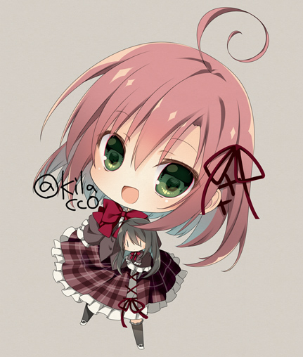 1girl :d ahoge black_thighhighs blush bow bowtie chibi commentary_request from_above green_eyes grey_background hair_ornament hair_ribbon happy huge_ahoge inugami_kira looking_at_viewer medium_hair open_mouth pink_hair plaid plaid_skirt pleated_skirt red_bow red_bowtie red_ribbon ribbon sakurano_kurimu school_uniform seitokai_no_ichizon simple_background skirt smile solo thighhighs twitter_username x_hair_ornament zettai_ryouiki