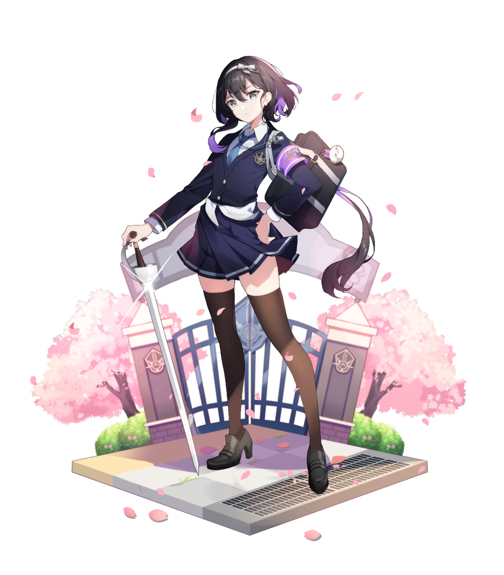 1girl bag black_footwear black_hair black_thighhighs blue_jacket blue_necktie blue_skirt cherry_blossoms eversoul falling_petals full_body game_cg gate grey_eyes hair_between_eyes hair_ribbon hairband hand_on_own_hip high_heels holding holding_sword holding_weapon jacket linzy_(eversoul) looking_at_viewer multicolored_hair necktie official_alternate_costume official_alternate_hairstyle official_art outdoors petals pink_petals ponytail purple_armband purple_hair ribbon school_uniform shirt short_hair shoulder_bag skirt solo standing sword tachi-e thighhighs transparent_background two-tone_hair weapon whistle whistle_around_neck white_shirt wing_collar zettai_ryouiki