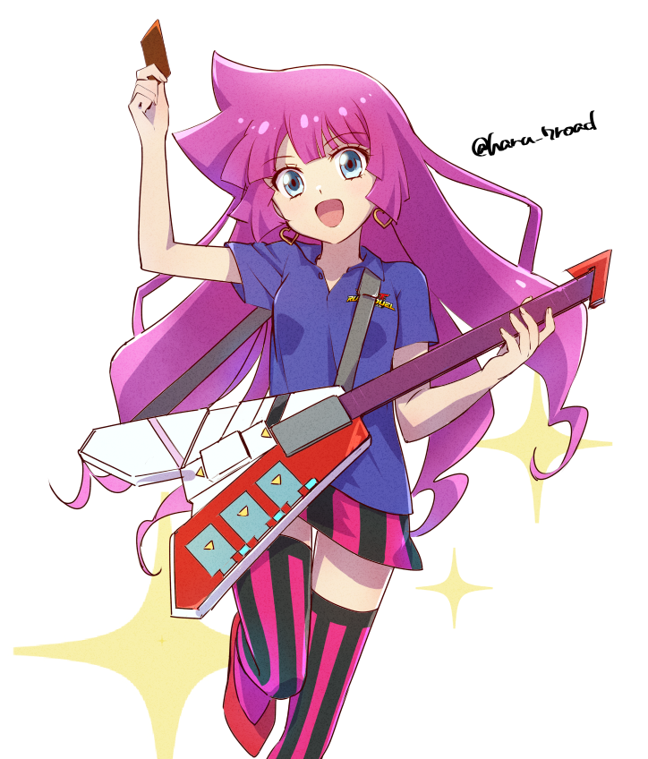 1girl arm_up blue_eyes blue_shirt card duel_disk earrings electric_guitar guitar haru_7road heart heart_earrings holding holding_card holding_guitar holding_instrument instrument jewelry kirishima_romin long_hair looking_at_viewer open_mouth purple_hair shirt simple_background skirt smile sparkle thighhighs white_background yu-gi-oh! yu-gi-oh!_sevens