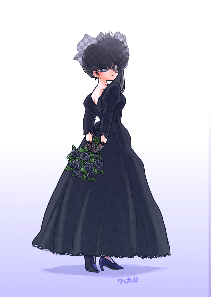 1girl arms_behind_back black_dress black_flower black_footwear black_gloves black_hair black_rose black_veil bouquet bridal_veil dress flower gloves gradient_background grey_eyes high_heels high_side_ponytail highres holding holding_bouquet kunou_kodachi lace lace_gloves lace_trim looking_at_viewer looking_back ranma_1/2 rose signature veil wanta_(futoshi) wedding_dress