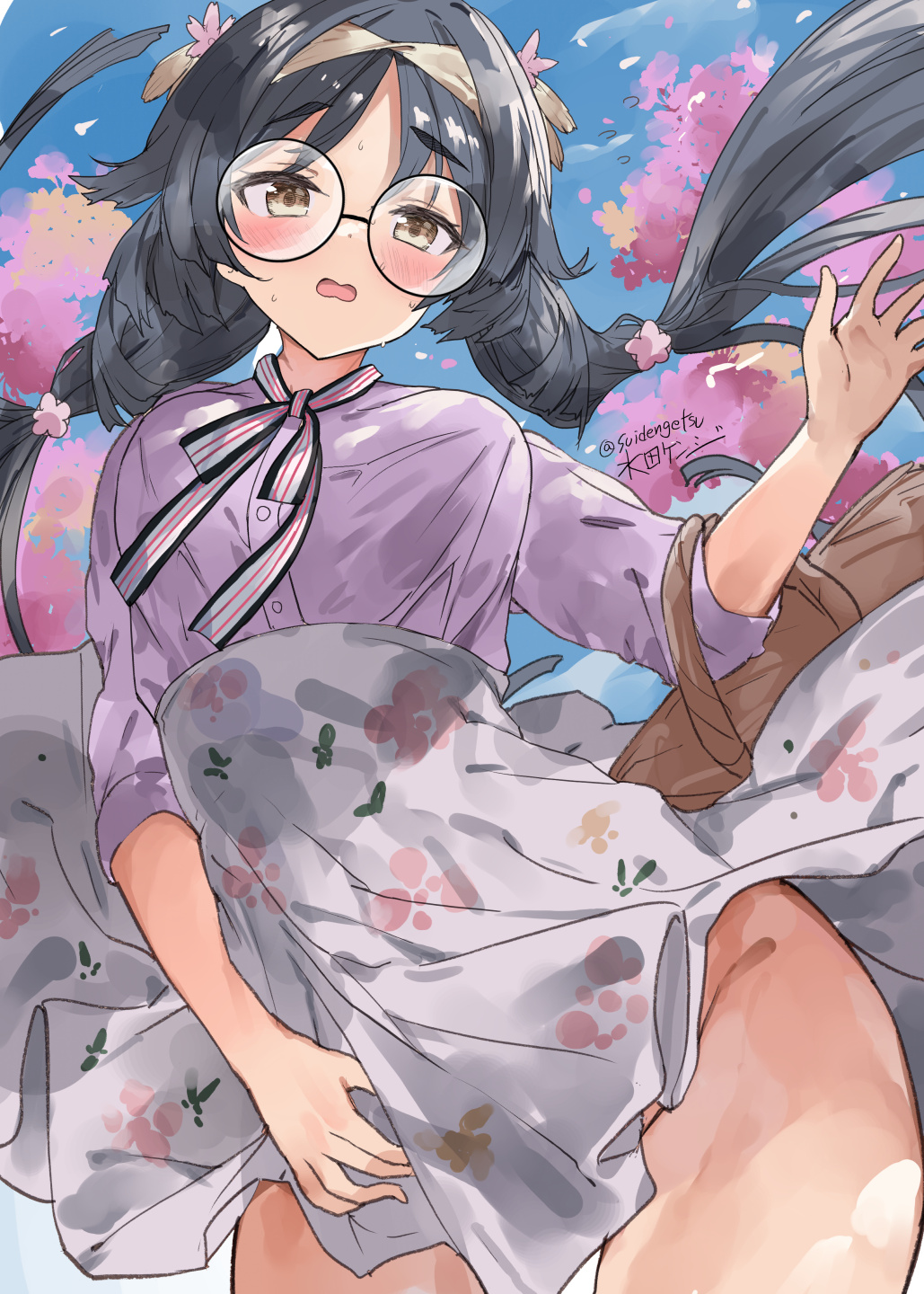 1girl bag black_hair blush braid breasts brown_eyes cherry_blossoms floral_print flower glasses heian_maru_(kancolle) heian_maru_(spring_mode)_(kancolle) highres kantai_collection long_hair long_sleeves looking_at_viewer mizuta_kenji official_alternate_costume one-hour_drawing_challenge open_mouth petals pink_flower pink_shirt ribbon round_eyewear shirt signature skirt solo sweat twin_braids twitter_username very_long_hair white_skirt