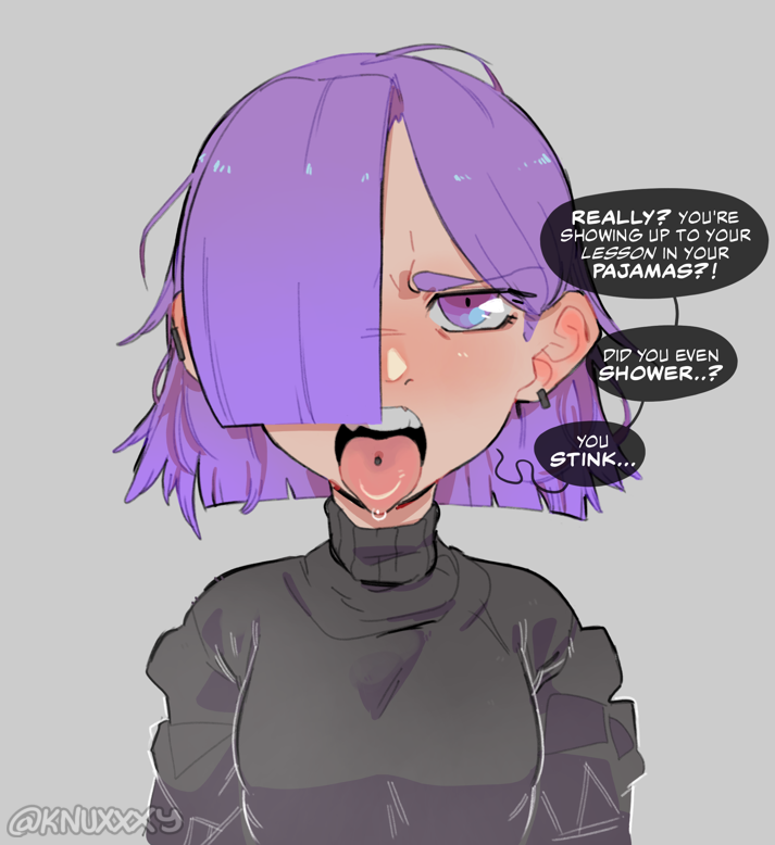 1girl artist_name black_shirt blunt_ends duolingo earrings english_commentary english_text grey_background hair_behind_ear hair_over_one_eye jewelry knuxy lily_(duolingo) open_mouth purple_eyes purple_hair shirt simple_background solo speech_bubble tongue