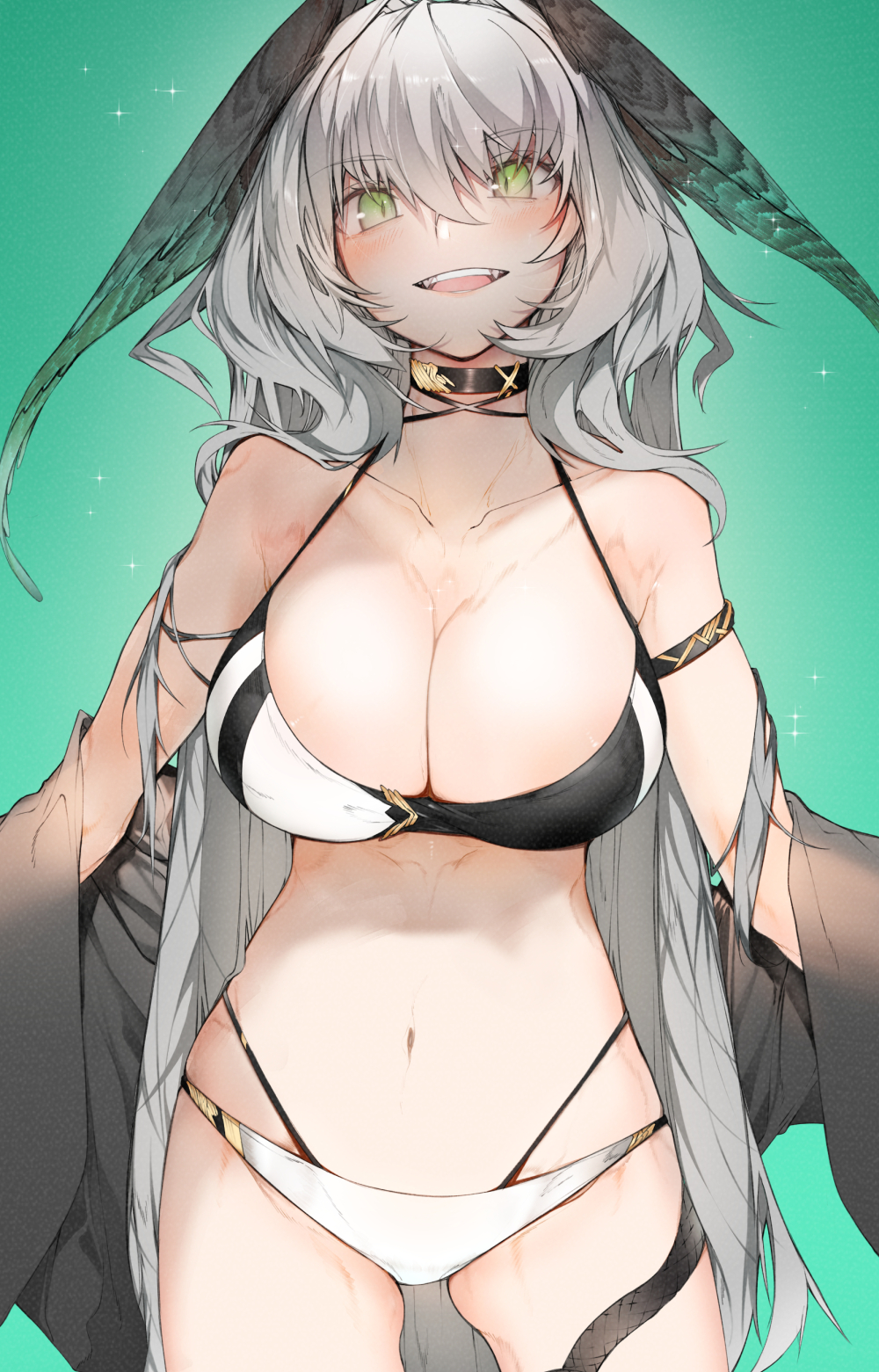 1girl :d arknights arm_strap bare_shoulders bikini black_choker breasts choker cleavage commentary cowboy_shot ekuesu green_background green_eyes grey_hair head_wings highres ho'olheyak_(arknights) large_breasts long_hair looking_at_viewer navel open_mouth simple_background smile solo standing stomach swimsuit very_long_hair wings