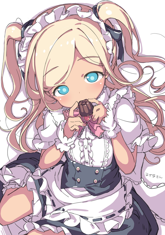 1girl alternate_costume apron aqua_eyes black_dress blonde_hair blush character_name chocolate covering_own_mouth dark_skin dot_nose dress enmaided eyelashes flat_chest food frilled_apron frilled_dress frills holding holding_chocolate holding_food idolmaster idolmaster_cinderella_girls kuresuku_(lessons) layla_(idolmaster) long_hair looking_at_viewer maid maid_apron maid_headdress parted_bangs puffy_short_sleeves puffy_sleeves short_sleeves sidelocks sitting solo twintails wavy_hair white_wrist_cuffs wrist_cuffs yokozuwari